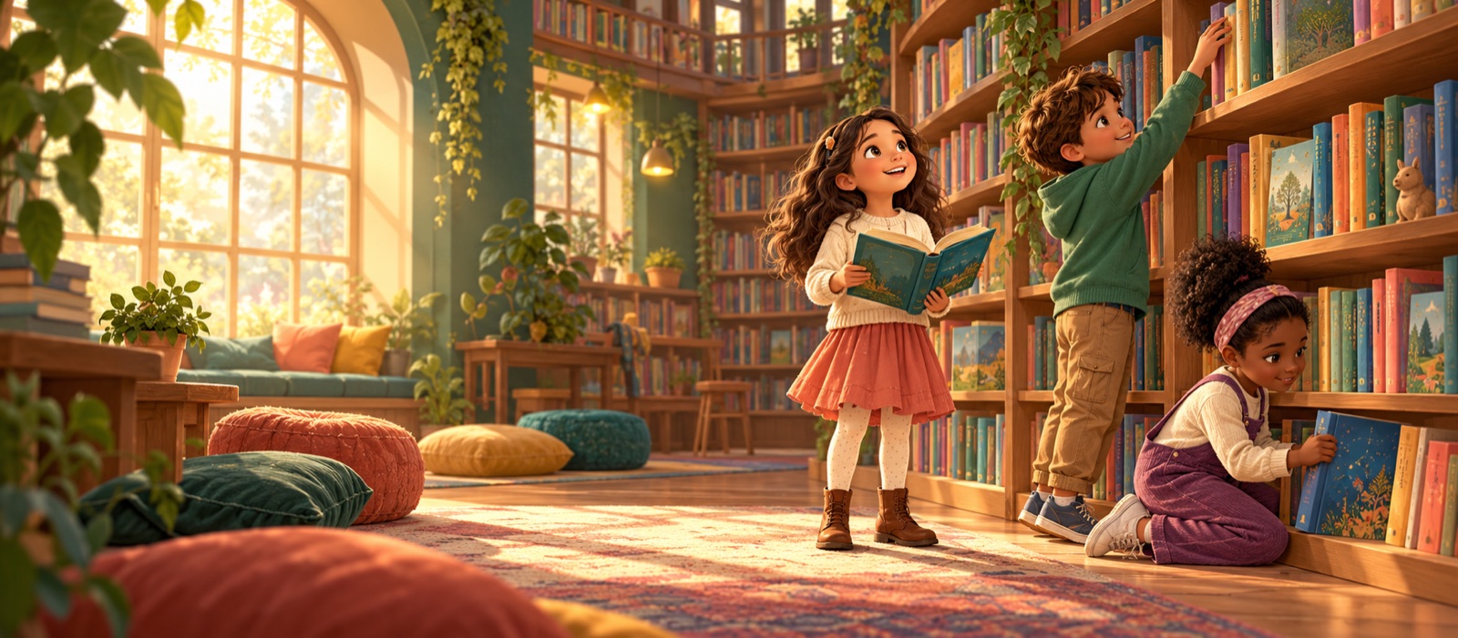 Crianças escolhendo livros em uma biblioteca acolhedora