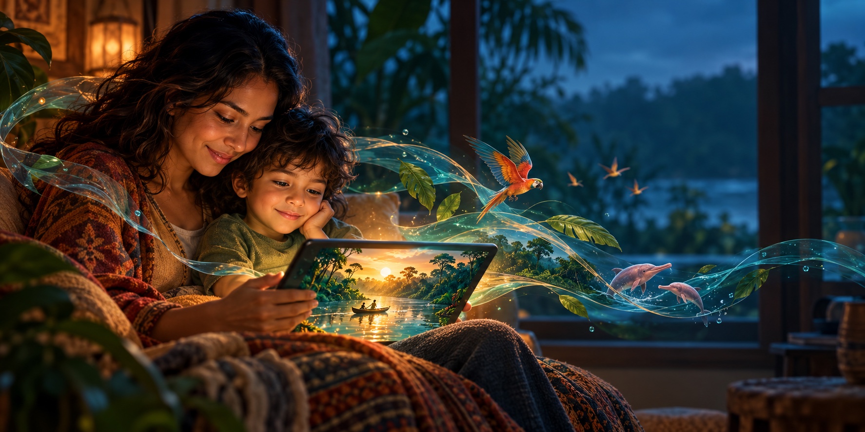 Mãe e filho leem uma história amazônica com ambientação sonora