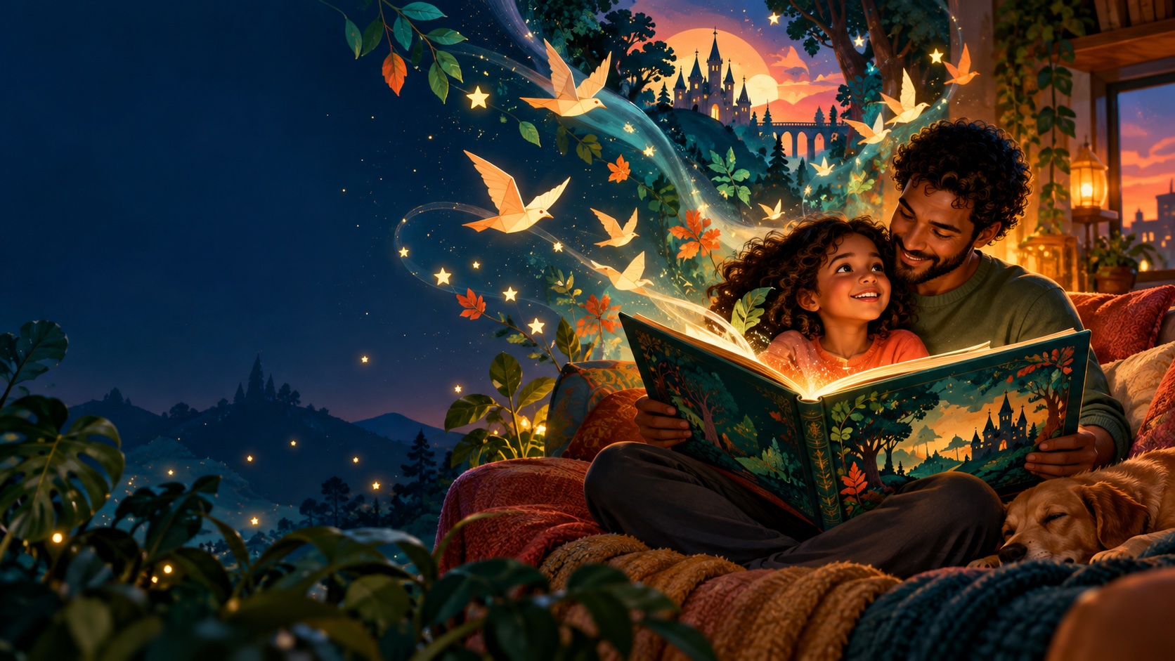 Pai e filha compartilham uma leitura e imaginam juntos